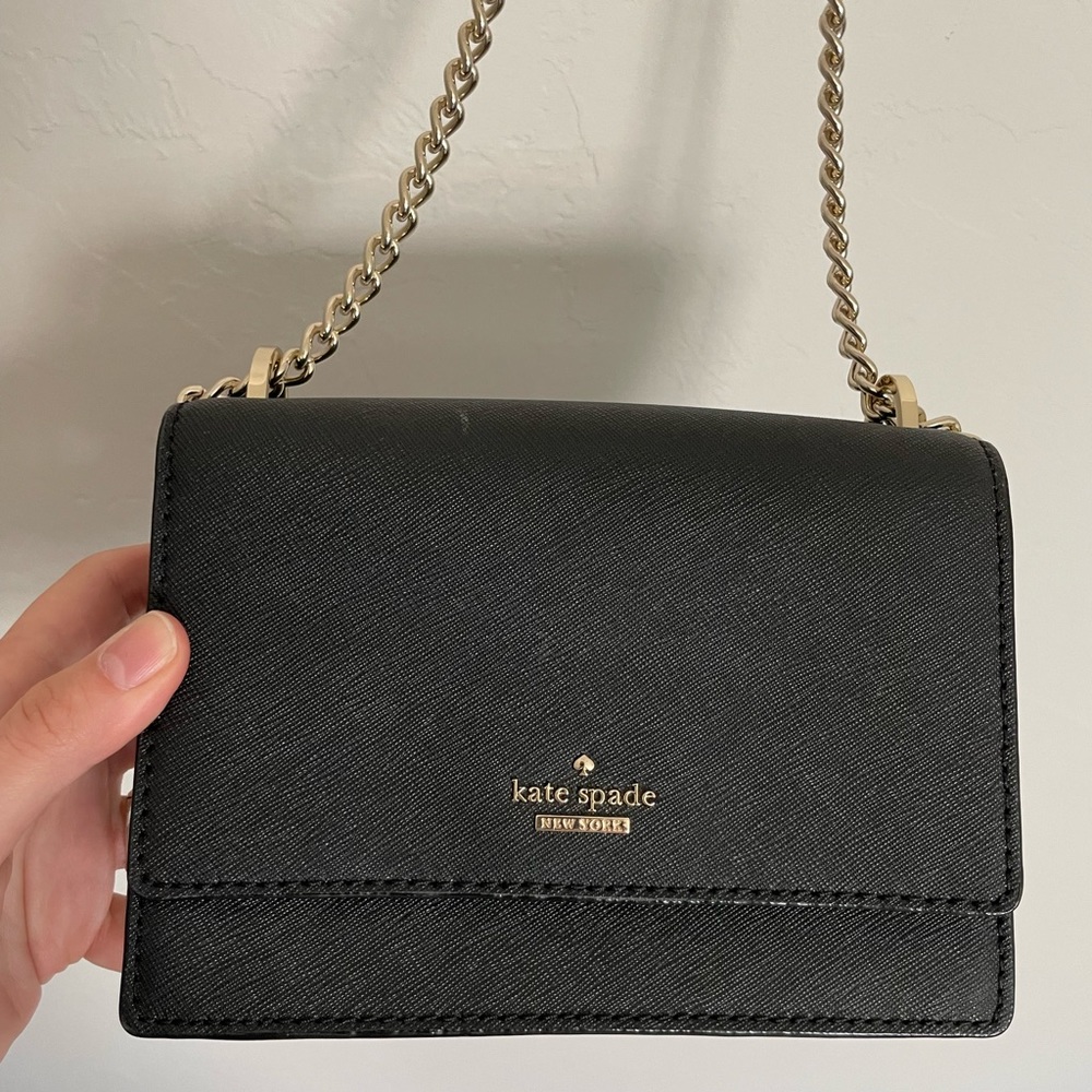 NWOT Kate Spade Black Leather Crossbody Bag with Champagne Gold Chain